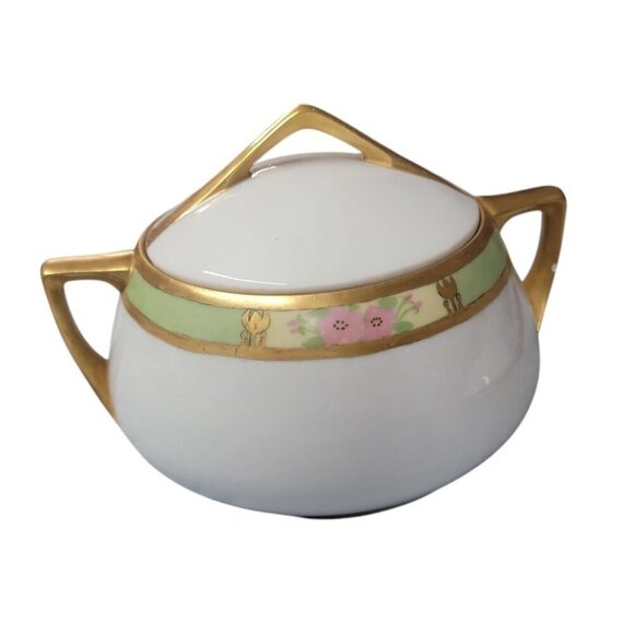 Q&EG Royal Austria Large Lidded Bowl Gold Trim Green Floral 4"T Double Handled - Picture 1 of 14